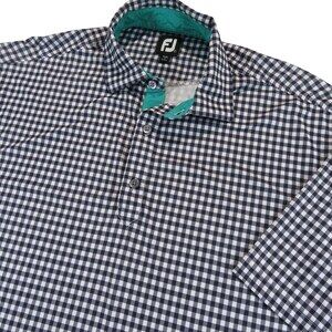 Footjoy Mens Polo Shirt M Navy Blue Gingham Check Stretch Polyester Pocket